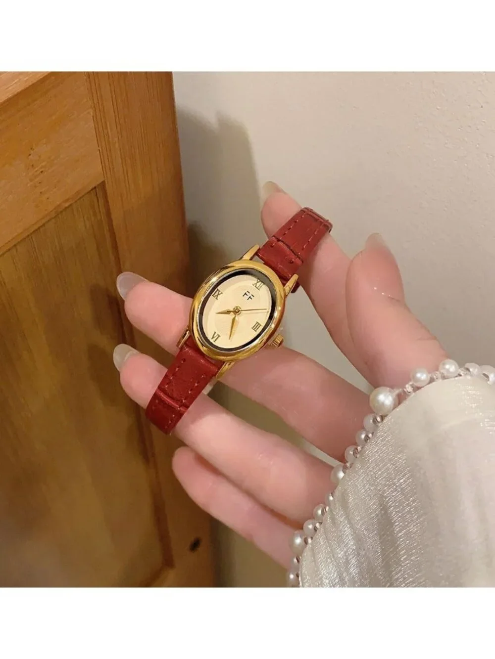 Women's Red Vintage Oval Analog Quartz Roman Numeral Dial Leather Strap Watch